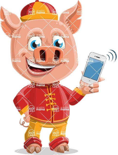 Year of the Pig Character - Vector Pig Cartoon - Year of the Pig Vector Character with an iPhone